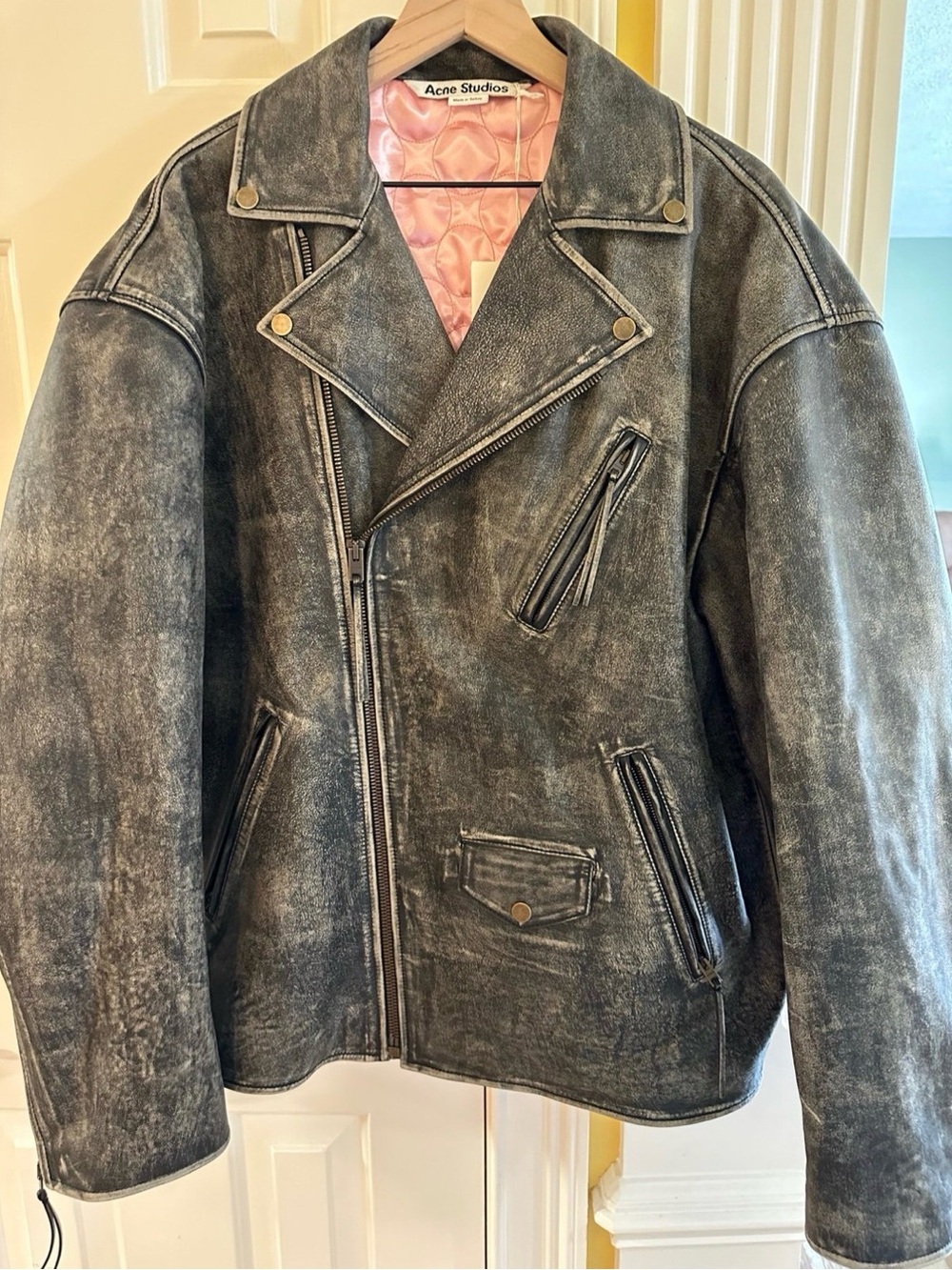 Acne Washed Black Leather Biker Jacket with Pink Quilted Lining - Picture 4 of 6